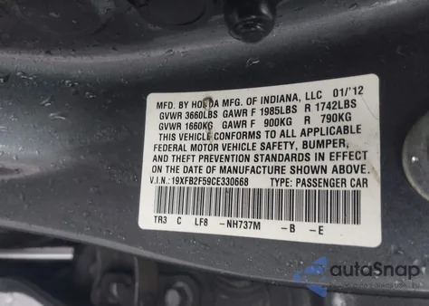 2012 Honda Civic Lx from USA, damaged, VIN 19XFB2F59CE330668